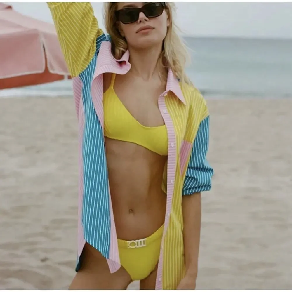 Solid & Striped Oxford Tunic Shirt Coverup XS Colorblock Stripe Beach Resort - Picture 3 of 16